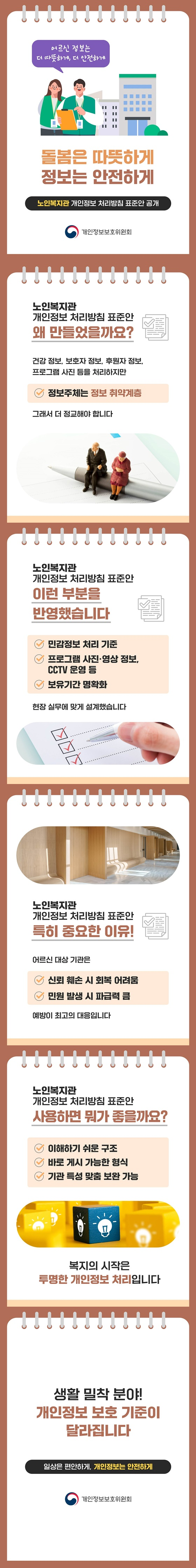 어르신 정보는 더 따뜻하게, 더 안전하게 [노인복지관 개인정보 처리방침 표준안] ■ 왜 만들었을까요? 건강 정보, 보호자 정보, 후원자 정보, 프로그램 사진 등을 처리하지만 - 정보주체는 정보 취약계층 그래서 더 정교해야 합니다. ■ 이런 부분을 반영했습니다. - 민감정보 처리 기준 - 프로그램 사진·영상 정보, CCTV 운영 등 - 보유기간 명확화 현장 실무에 맞게 설계했습니다. ■ 특히 중요한 이유! 어르신 대상 기관은 - 신뢰 훼손 시 회복 어려움 - 민원 발생 시 파급력 큼 예방이 최고의 대응입니다. ■ 사용하면 뭐가 좋을까요? - 이해하기 쉬운 구조 - 바로 게시 가능한 형식 - 기관 특성 맞춤 보완 가능 복지의 시작은 투명한 개인정보 처리입니다. 생활 밀착 분야! 개인정보 보호 기준이 달라집니다. 일상은 편안하게, 개인정보는 안전하게 